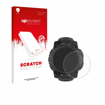 Face avant d’un emballage produit avec le logo de la marque upscreen. À côté, l’appareil Garmin Instinct 3 Solar Tactical Edit