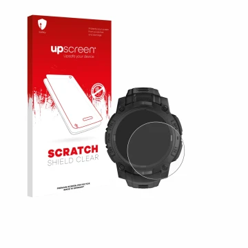 Face avant d’un emballage produit avec le logo de la marque upscreen. À côté, l’appareil Garmin Instinct 3 Solar Tactical Edit
