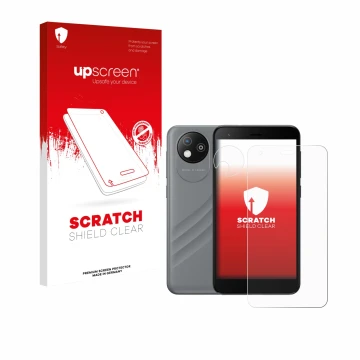 Face avant d’un emballage produit avec le logo de la marque upscreen. À côté, l’appareil ZTE Blade A35 lite (Avant+Caméra) est
