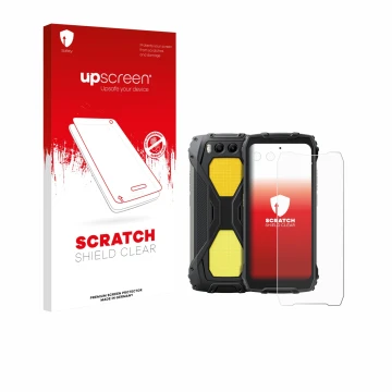 Face avant d’un emballage produit avec le logo de la marque upscreen. À côté, l’appareil Blackview BV7300 (Avant+Caméra) est r