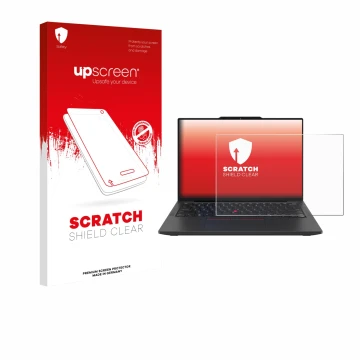 Face avant d’un emballage produit avec le logo de la marque upscreen. À côté, l’appareil Lenovo ThinkPad X13 Gen 6 est représe