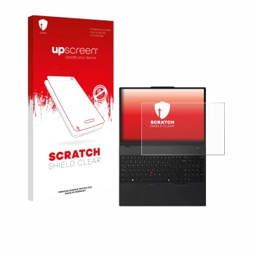 Face avant d’un emballage produit avec le logo de la marque upscreen. À côté, l’appareil Lenovo ThinkPad T16 Gen 4 est représe