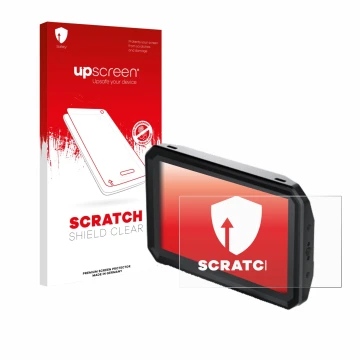 Face avant d’un emballage produit avec le logo de la marque upscreen. À côté, l’appareil Blackmagic Design Pyxis Monitor 5