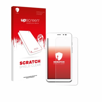 Face avant d’un emballage produit avec le logo de la marque upscreen. À côté, l’appareil Pax CCV Fly A77 est représenté avec l