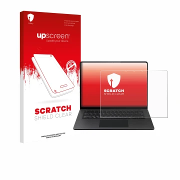 Face avant d’un emballage produit avec le logo de la marque upscreen. À côté, l’appareil Microsoft Surface Laptop 15