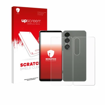Face avant d’un emballage produit avec le logo de la marque upscreen. À côté, l’appareil Sony Xperia 1 VII (Avant+Arrière) est