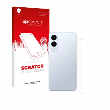 Face avant d’un emballage produit avec le logo de la marque upscreen. À côté, l’appareil Samsung Galaxy S25 Edge (Arrière) est