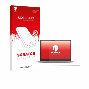 Face avant d’un emballage produit avec le logo de la marque upscreen. À côté, l’appareil Lenovo ThinkBook 14 Gen 4+ est représ