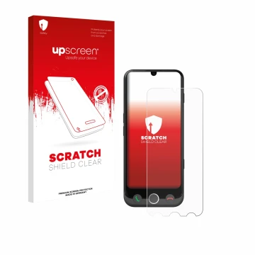 Face avant d’un emballage produit avec le logo de la marque upscreen. À côté, l’appareil Doro Aurora A30 est représenté avec l