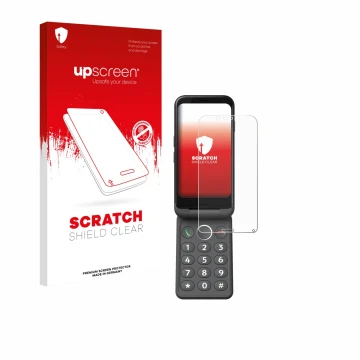 Face avant d’un emballage produit avec le logo de la marque upscreen. À côté, l’appareil Doro Aurora A20 est représenté avec l