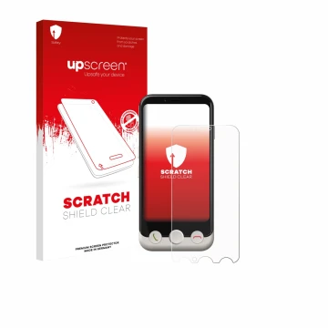 Face avant d’un emballage produit avec le logo de la marque upscreen. À côté, l’appareil Doro Aurora A10 est représenté avec l