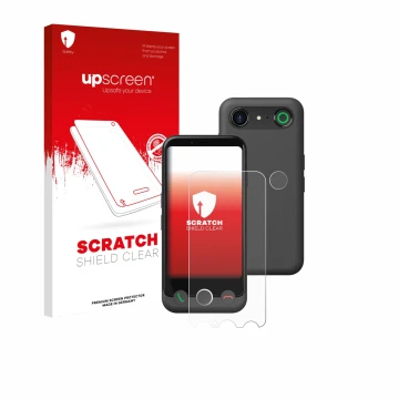 Face avant d’un emballage produit avec le logo de la marque upscreen. À côté, l’appareil Doro Aurora A10 (Avant+Caméra) est re