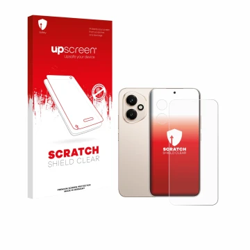 Face avant d’un emballage produit avec le logo de la marque upscreen. À côté, l’appareil Honor 400 (Avant+Caméra) est représen