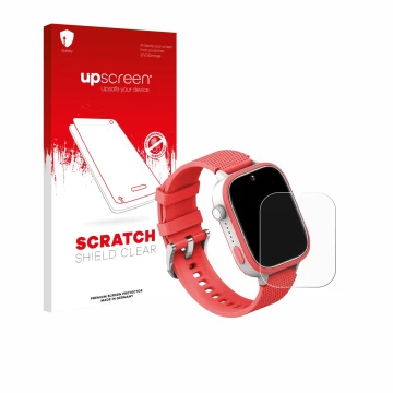 Face avant d’un emballage produit avec le logo de la marque upscreen. À côté, l’appareil AngelTech Kids Smartwatch Ultra 1.83