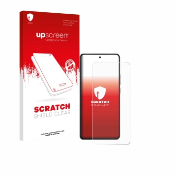 Face avant d’un emballage produit avec le logo de la marque upscreen. À côté, l’appareil realme GT 7 est représenté avec la pr