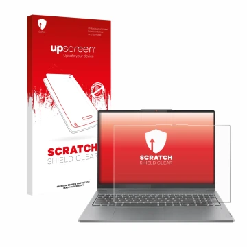 Face avant d’un emballage produit avec le logo de la marque upscreen. À côté, l’appareil Lenovo IdeaPad 5 2-in-1 Gen 10 16