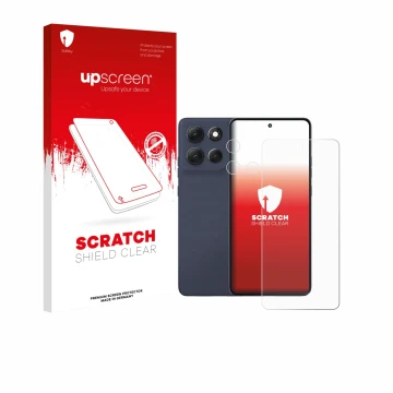 Face avant d’un emballage produit avec le logo de la marque upscreen. À côté, l’appareil Motorola Moto G86 (Avant+Caméra) est 
