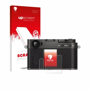 Face avant d’un emballage produit avec le logo de la marque upscreen. À côté, l’appareil Fujifilm X Half X-HF1 est représenté 