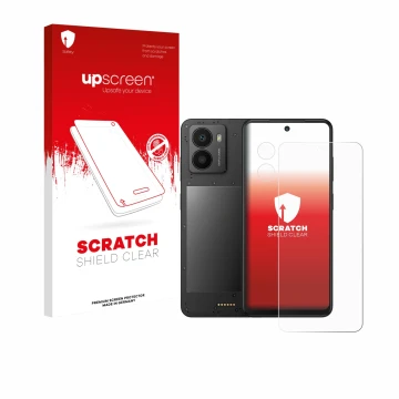 Face avant d’un emballage produit avec le logo de la marque upscreen. À côté, l’appareil Xplora HMD Fusion X1 (Avant+Caméra) e