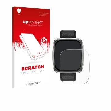 Face avant d’un emballage produit avec le logo de la marque upscreen. À côté, l’appareil Amazfit Active 2 (rectangulaire) est 