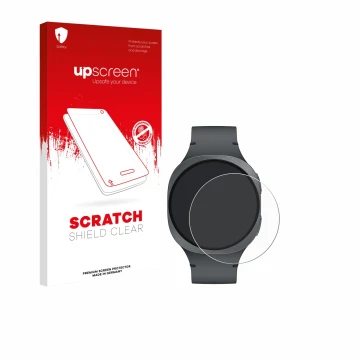 Face avant d’un emballage produit avec le logo de la marque upscreen. À côté, l’appareil Samsung Galaxy Watch 8 (40 mm) est re