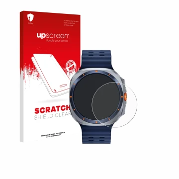 Face avant d’un emballage produit avec le logo de la marque upscreen. À côté, l’appareil Samsung Galaxy Watch Ultra 2 (47 mm) 