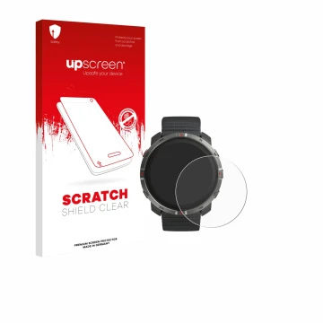 Face avant d’un emballage produit avec le logo de la marque upscreen. À côté, l’appareil Polar Grit X2 est représenté avec la 