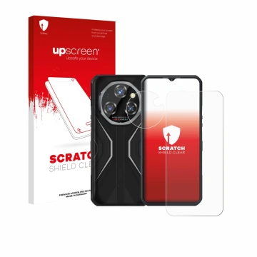 Face avant d’un emballage produit avec le logo de la marque upscreen. À côté, l’appareil Oukitel WP55 Pro (Avant+Caméra) est r