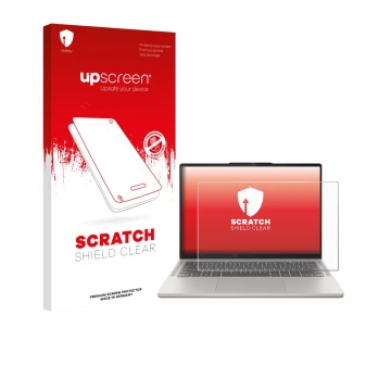 Face avant d’un emballage produit avec le logo de la marque upscreen. À côté, l’appareil Lenovo Chromebook Plus 14 est représe