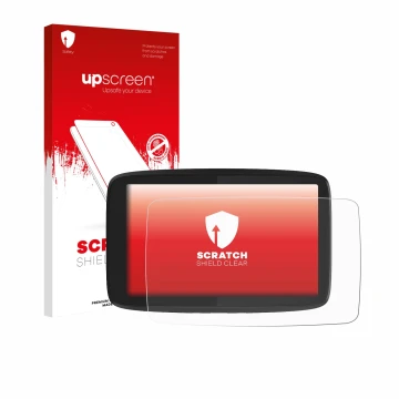 Face avant d’un emballage produit avec le logo de la marque upscreen. À côté, l’appareil TomTom GO Camper Tour est représenté 