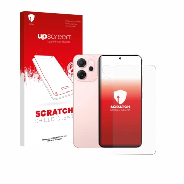 Face avant d’un emballage produit avec le logo de la marque upscreen. À côté, l’appareil Oppo Reno 14 F (Avant+Caméra) est rep