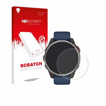 Face avant d’un emballage produit avec le logo de la marque upscreen. À côté, l’appareil Garmin quatix 8 (47 mm) est représent