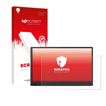 Face avant d’un emballage produit avec le logo de la marque upscreen. À côté, l’appareil ASUS ZenScreen MB166C est représenté 