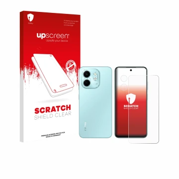 Face avant d’un emballage produit avec le logo de la marque upscreen. À côté, l’appareil Infinix Smart 9 (Avant+Caméra) est re