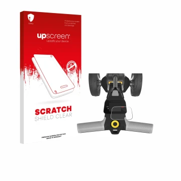 Face avant d’un emballage produit avec le logo de la marque upscreen. À côté, l’appareil PowaKaddy CT6 2025 est représenté ave