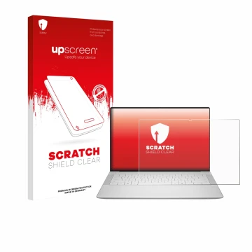 Face avant d’un emballage produit avec le logo de la marque upscreen. À côté, l’appareil Dell 14 Premium Laptop est représenté