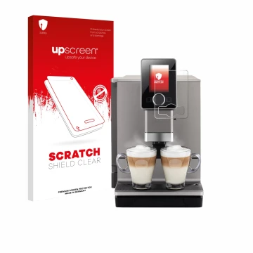 Face avant d’un emballage produit avec le logo de la marque upscreen. À côté, l’appareil Nivona NICR 930 CafeRomatica est repr