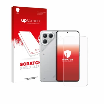 Face avant d’un emballage produit avec le logo de la marque upscreen. À côté, l’appareil Tecno Pova 7 Pro (Avant+Caméra) est r