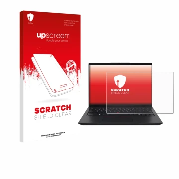Face avant d’un emballage produit avec le logo de la marque upscreen. À côté, l’appareil Lenovo ThinkPad L14 Gen 6 est représe