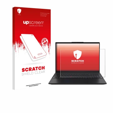 Face avant d’un emballage produit avec le logo de la marque upscreen. À côté, l’appareil Lenovo ThinkPad L16 Gen 2 est représe