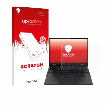 Face avant d’un emballage produit avec le logo de la marque upscreen. À côté, l’appareil Lenovo ThinkPad T14s 2-in-1 est repré
