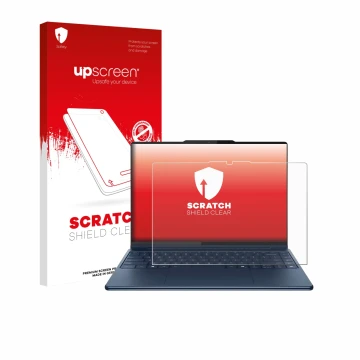 Face avant d’un emballage produit avec le logo de la marque upscreen. À côté, l’appareil Lenovo Yoga Pro 9i Gen 10 Aura Editio