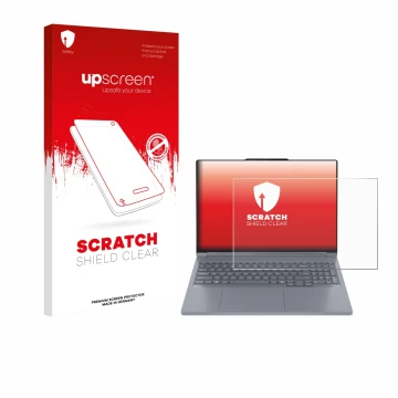 Face avant d’un emballage produit avec le logo de la marque upscreen. À côté, l’appareil Lenovo ThinkBook 16p Gen 6 est représ