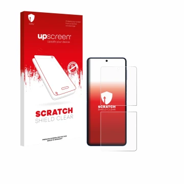 Face avant d’un emballage produit avec le logo de la marque upscreen. À côté, l’appareil Samsung Galaxy Z Flip 7 est représent
