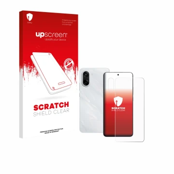 Face avant d’un emballage produit avec le logo de la marque upscreen. À côté, l’appareil OnePlus Nord CE 5 (Avant+Caméra) est 
