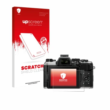 Face avant d’un emballage produit avec le logo de la marque upscreen. À côté, l’appareil Olympus OM System OM-5 Mark II est re