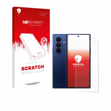 Face avant d’un emballage produit avec le logo de la marque upscreen. À côté, l’appareil Samsung Galaxy Z Fold 7 (Avant+Caméra