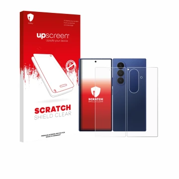 Face avant d’un emballage produit avec le logo de la marque upscreen. À côté, l’appareil Samsung Galaxy Z Fold 7 (Avant+Arrièr