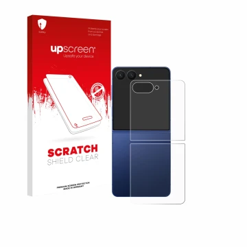 Face avant d’un emballage produit avec le logo de la marque upscreen. À côté, l’appareil Samsung Galaxy Z Flip 7 (Arrière) est