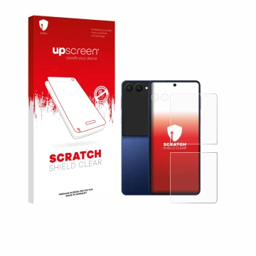 Face avant d’un emballage produit avec le logo de la marque upscreen. À côté, l’appareil Samsung Galaxy Z Flip 7 (Avant+Caméra